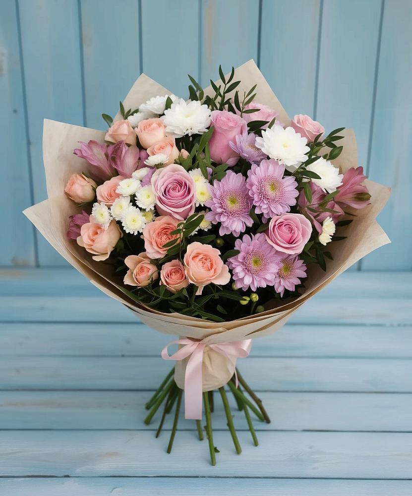 Букет цветов из: Хризантемы, Розы и Альстромерии в Линёво Новосибирской области