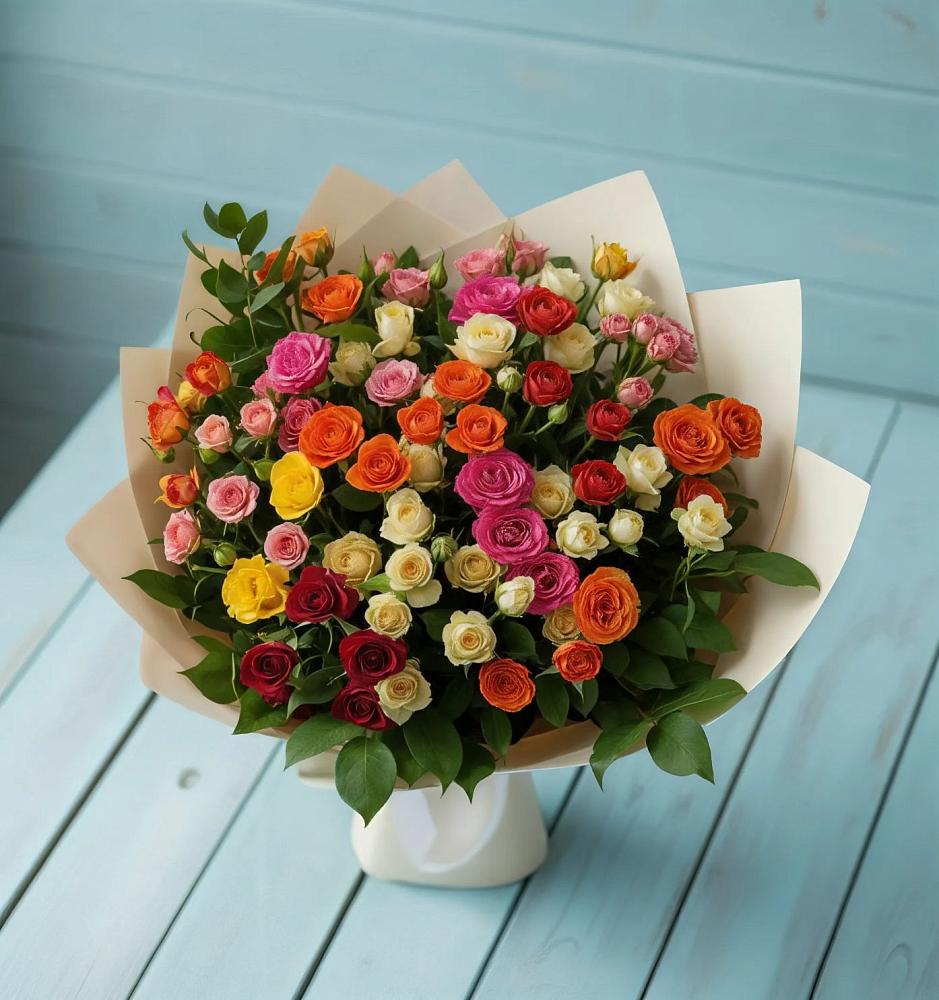 Букет Микс из разноцветных кустовых роз в Линёво Новосибирской области