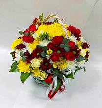 Цветочная композиция из Хризантемы и Розы в корзине #REPLACE_PRED# Линёво Новосибирской области