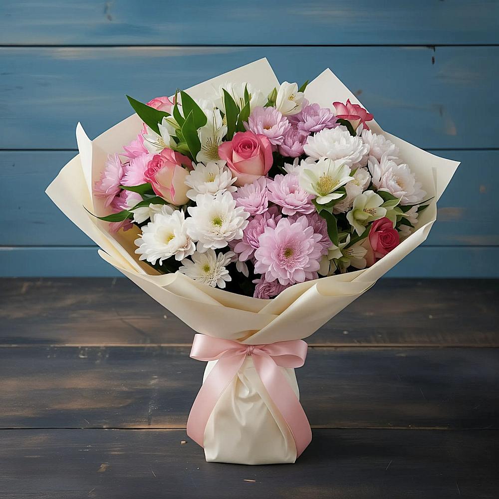 Букет цветов из: Хризантемы, Альстромерии и Розы в Линёво Новосибирской области